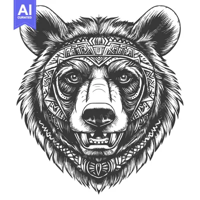 Black and White Illustration of a Bear's Head with Tribal-Inspired Des