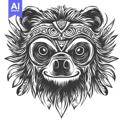 Aset desain premium: Tribal Bear Mask with Intricate Designs