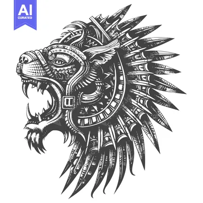 A Monochromatic Illustration of a Ferocious Lion Head with a Patterned