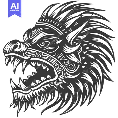 Black and White Illustration of a Ferocious Animal Head with Tribal He