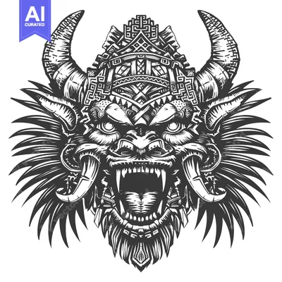 Aset desain premium: Monochrome Illustration of a Mythical Beast with Horns and Feathers