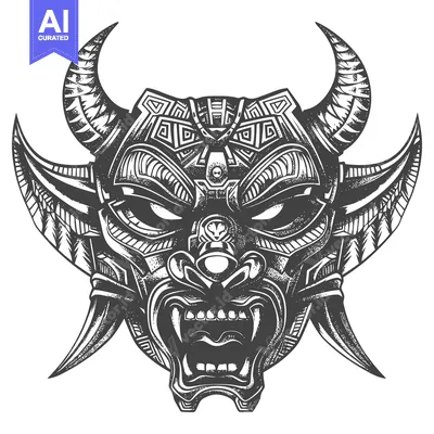 Detailed Illustration of an Ornate and Fearsome Demon Mask with Horns