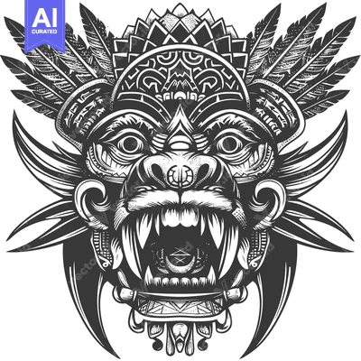 Aset premium populer: Ornate Black and White Illustration of a Mythical Creature's Head with