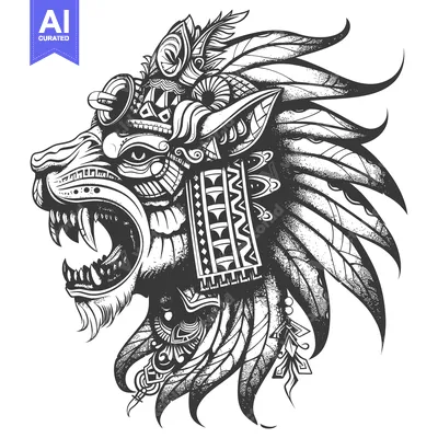 Ornate Lion Head with Feathers and Geometric Patterns