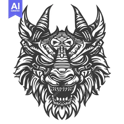 Detailed Black and White Illustration of a Ferocious Wolf Head with Ho