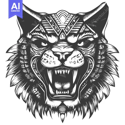 Geometric Tribal Cat with Fangs and Feathers