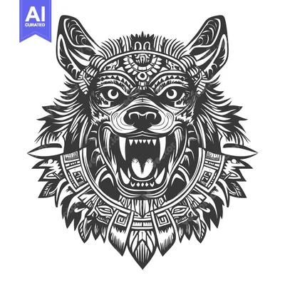 Ornate Tribal Wolf Head with Open Mouth and Detailed Design