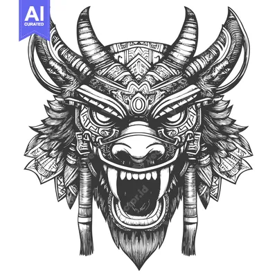 Aset desain premium: Detailed Black and White Illustration of a Mythical Creature with Horn