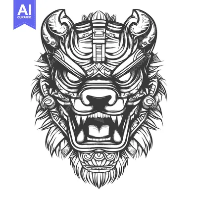 Aset desain premium: Ornate and Aggressive  Black and White Animal Mask Illustration