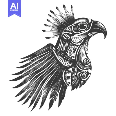 Black and White Stylized Eagle with Crown and Feathers