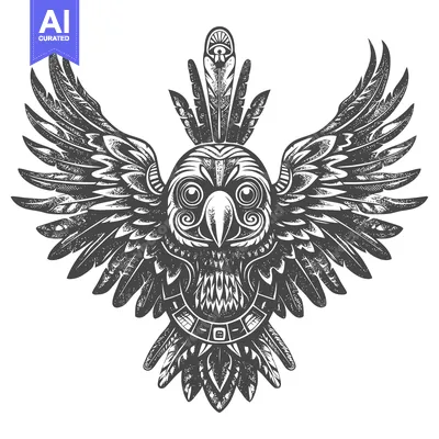 Ornate Tribal Owl with Spread Wings and Feathered Headpiece