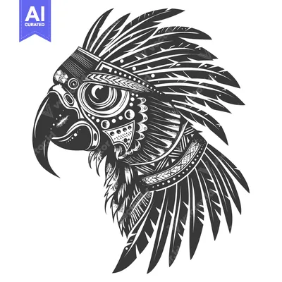 Ornamental Parrot Head with Feathers and Geometric Patterns