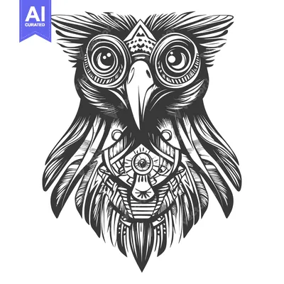 Black and White Illustrated Owl with Geometric Patterns