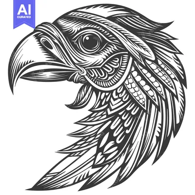 Ornate Black and White Illustration of a Bird's Head