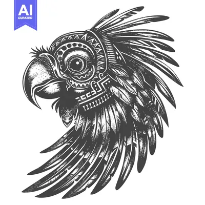 Aset premium populer: Black and White Illustration of a Bird with Elaborate Feathers and Geo