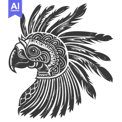 Aztec Style Bird Head with Feathers