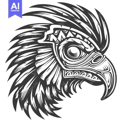 Detailed Black and White Illustration of an Aztec Eagle Head