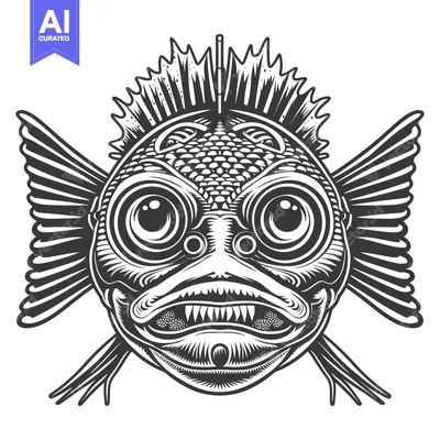 Monochrome Illustration of a Fish with Sharp Teeth and Large Eyes