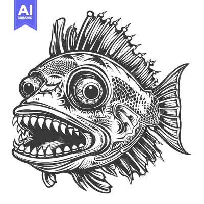 Detailed Illustration of a Fish with Sharp Teeth and Large Eyes