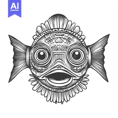 Black and White Illustration of a Tribal Fish with Large Eyes and an O
