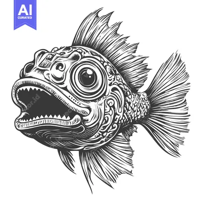 Ornate Black and White Fish Illustration with Open Mouth and Detailed