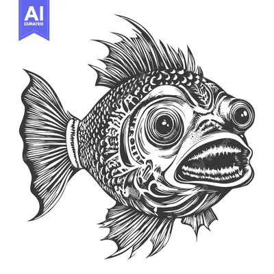 Detailed Line Art Illustration of a Fish with a Wide Open Mouth
