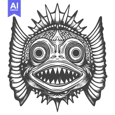 Black and White Illustration of a Ferocious Fish with Spikes and Large