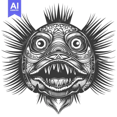 Detailed Black and White Illustration of a Mythical Creature with Spik