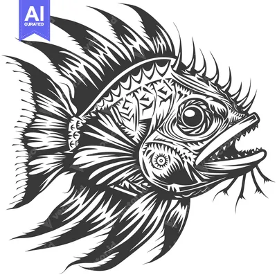 Aset desain premium: Black and White Stylized Fish with Spikes and Open Mouth