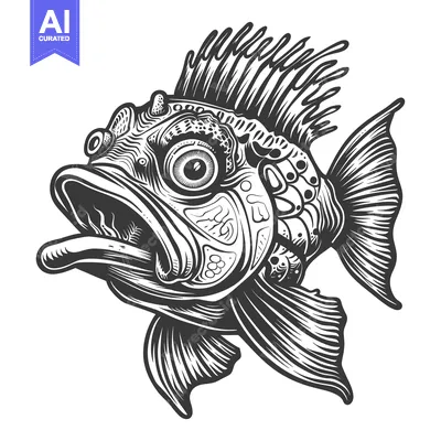 Detailed Black and White Illustration of a Fish with a Large Eye and a