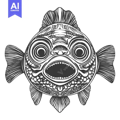 Detailed Black and White Illustration of a Fish with Open Mouth