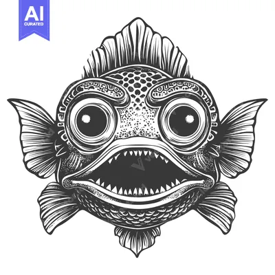 Black and White Illustration of a Fish with Large Eyes and a Wide Open