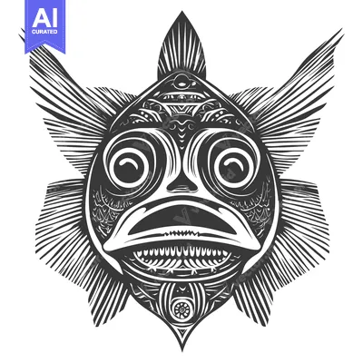 Stylized Black and White Fish with Large Eyes and Open Mouth