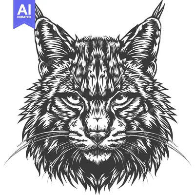 Detailed Engraved Illustration of a Fierce Bobcat Head.