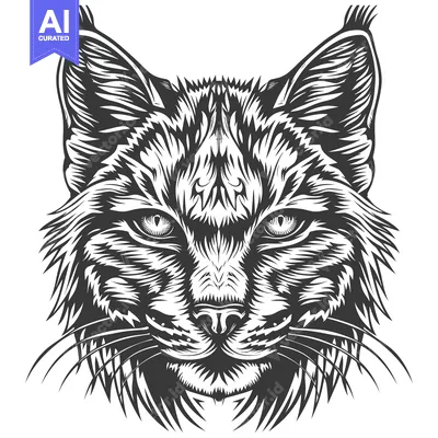 Close-up Black and White Illustration of a Lynx's Face