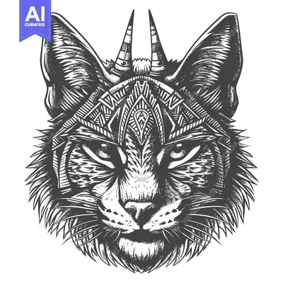 Black and White Geometric Illustration of a Bobcat Head with Horns