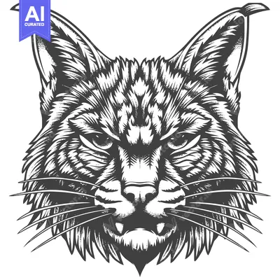 Detailed Black and White Illustration of a Lynx's Head