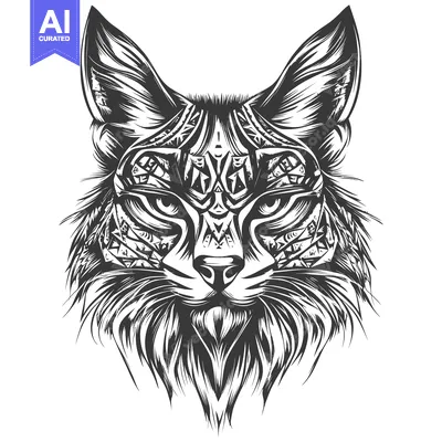 Aset desain premium: Detailed Black and White Illustration of a Wildcat's Head with Geometr