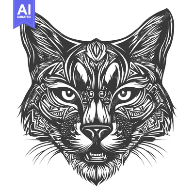 Aset premium populer: Black and White Detailed Illustration of a Cat's Head with Geometric P