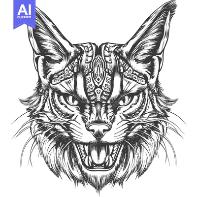 Black and White Illustration of a Ferocious Cat Head