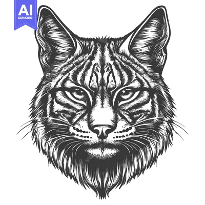 A close-up black and white illustration of a bobcat's face