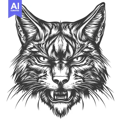 A Detailed Black and White Illustration of a Growling Lynx's Head