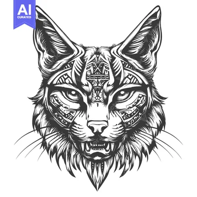 Premium design asset: A Detailed, Black and White Illustration of a Ferocious, Geometric Cat