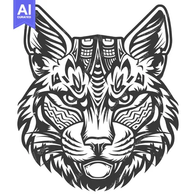 Detailed Monochrome Illustration of a Wolf's Head with Intricate Patte