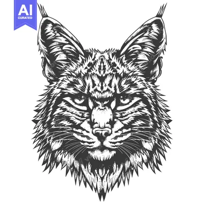 Aset desain premium: Close-up Black and White Illustration of a Bobcat's Face