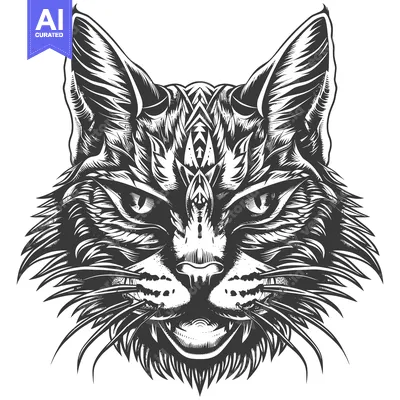 Intricate Black and White Illustration of a Cat's Face