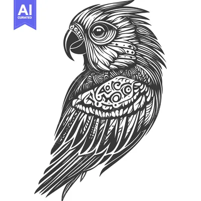 Aset premium populer: Detailed Black and White Illustration of a Parrot with Geometric Patte