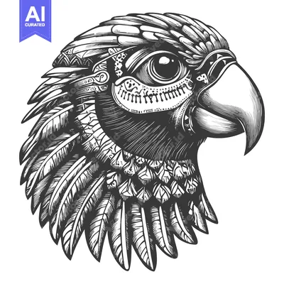 Aset premium populer: Detailed Black and White Illustration of a Parrot Head