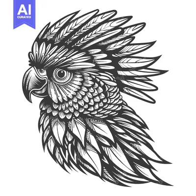 Detailed Black and White Illustration of a Cockatoo's Head