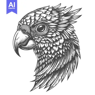 Detailed Black and White Illustration of a Parrot's Head